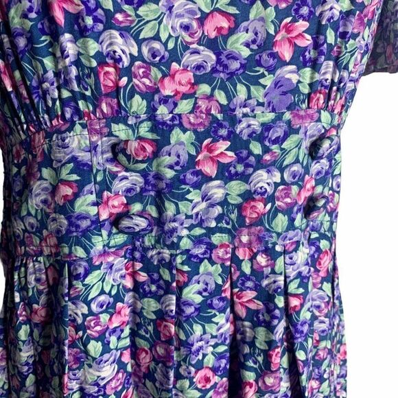 Vintage Floral Pleated Midi Dress Blue Cottagecore - Picture 9 of 10